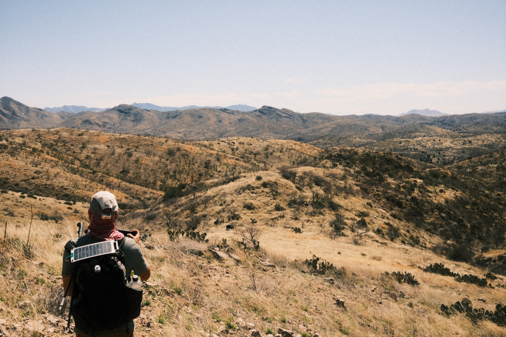 Solar power attached to the top of my bacpacking backpack in 2023 on the Arizona Trail